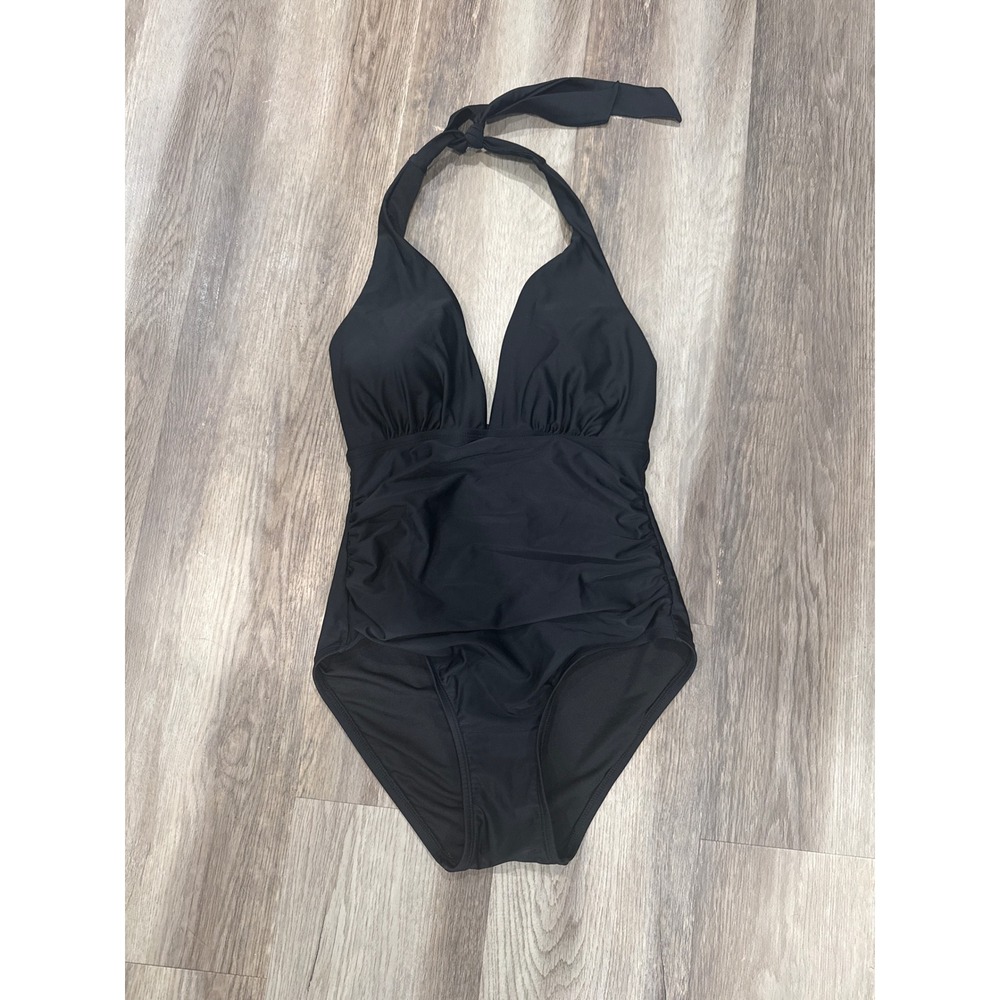 DKNY Womens Black Halter One Piece Swimsuit‎ Ruched V-Neck Size 8